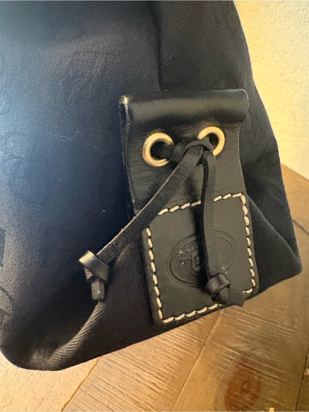 Dooney & Bourke Black DB Logo Drawstring Satchel with Gold Hardware - Picture 3 of 9